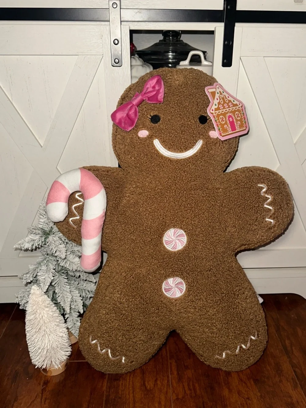 Gingerbread Girl Holiday Decorative Pillow with Pink Candy Cane Accent